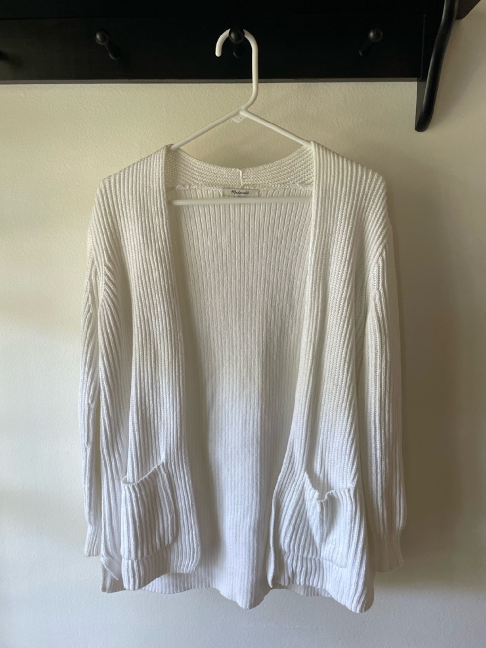 Madewell White Ribbed Open-Front Cardigan with Pockets